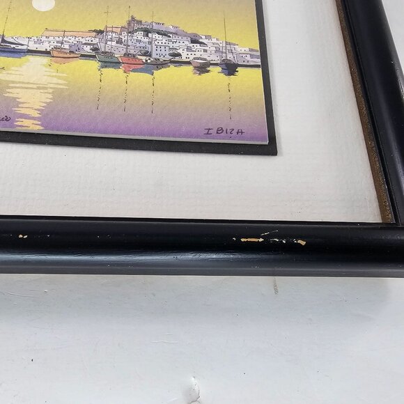 Framed Ibiza Sunset Boats Watercolor Painting Signed By Artist Framed 7" x 7" - Picture 7 of 8